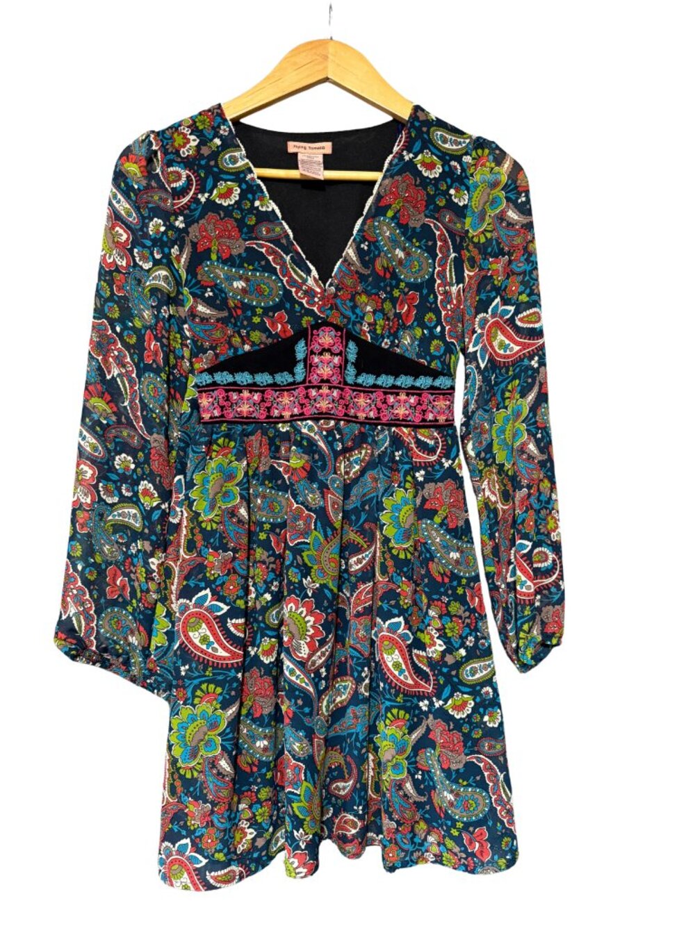 Flying Tomato Paisley Mini Dress Long Sleeves Embroidered Waist Sz XS